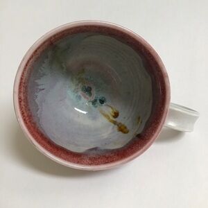 Studio Pottery Coffee Cup SIGNED Pink Green Blue 4” Handmade Handle Mod Teacup